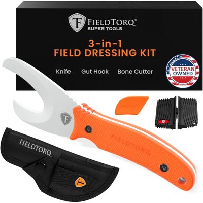 FieldTorq Field Dressing Kit | 3-in-1 Super Tool with Sheath & Sharpener | Skinning Knife for Hunting | Gut Hook | Deer Hunting Knife Set | FRN