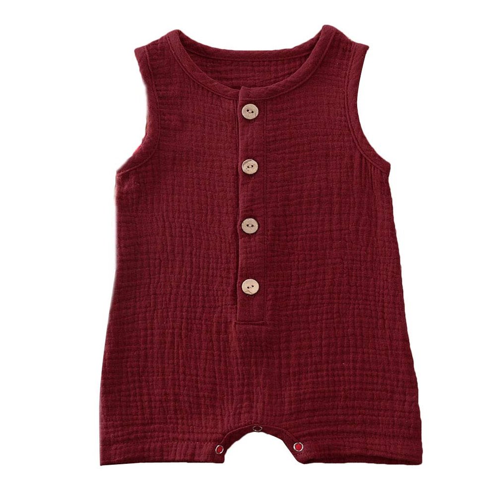 Baby Boys' Short Sleeve Rompers Jumpsuit,Organic Cotton and Linen Sleeveless One-Piece Coverall (H-Wine Red,90(12-18M))