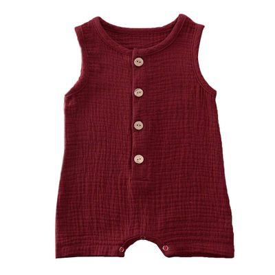 Baby Boys' Short Sleeve Rompers Jumpsuit,Organic Cotton and Linen Sleeveless One-Piece Coverall (H-Wine Red,70(0-6M))