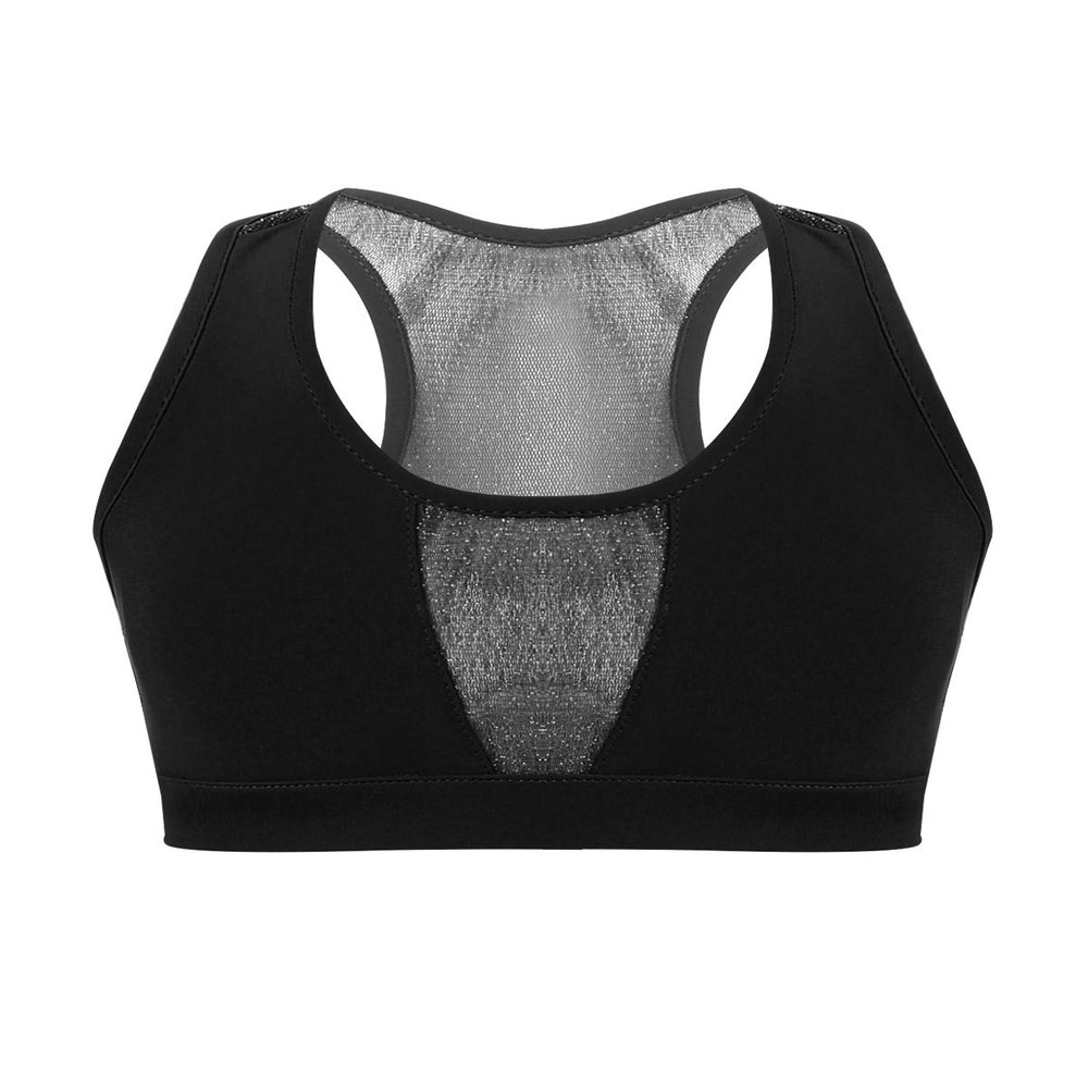 iiniim Kids Big Girls Shiny Mesh Splice Racer Back Bra Crop Tank Top for Gym Running Cycling Yoga Sports Outfit Black 14