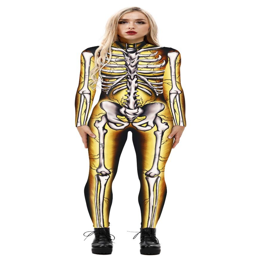URVIP Women Halloween Skeleton Costume Stretch Skinny Catsuit Jumpsuit Bodysuit BAX-128 S