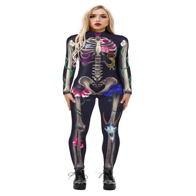 URVIP Women Halloween Skeleton Costume Stretch Skinny Catsuit Jumpsuit Bodysuit BAX-111 S