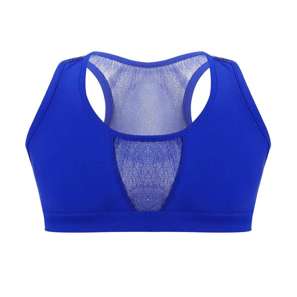 FEESHOW Kids Girls Mesh Spliced Racer Back Sports Bra Gymnastic Dance Crop Top Tank Tee Shirts Blue 8