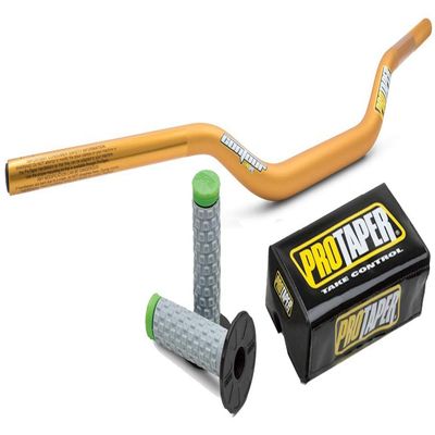Pro Taper 2802D GOLD Gold Henry/Reed Contour handlebars & 024854 Green Pillow Top Grips