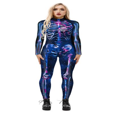 URVIP Women Halloween Skeleton Costume Stretch Skinny Catsuit Jumpsuit Bodysuit BAX-112 L