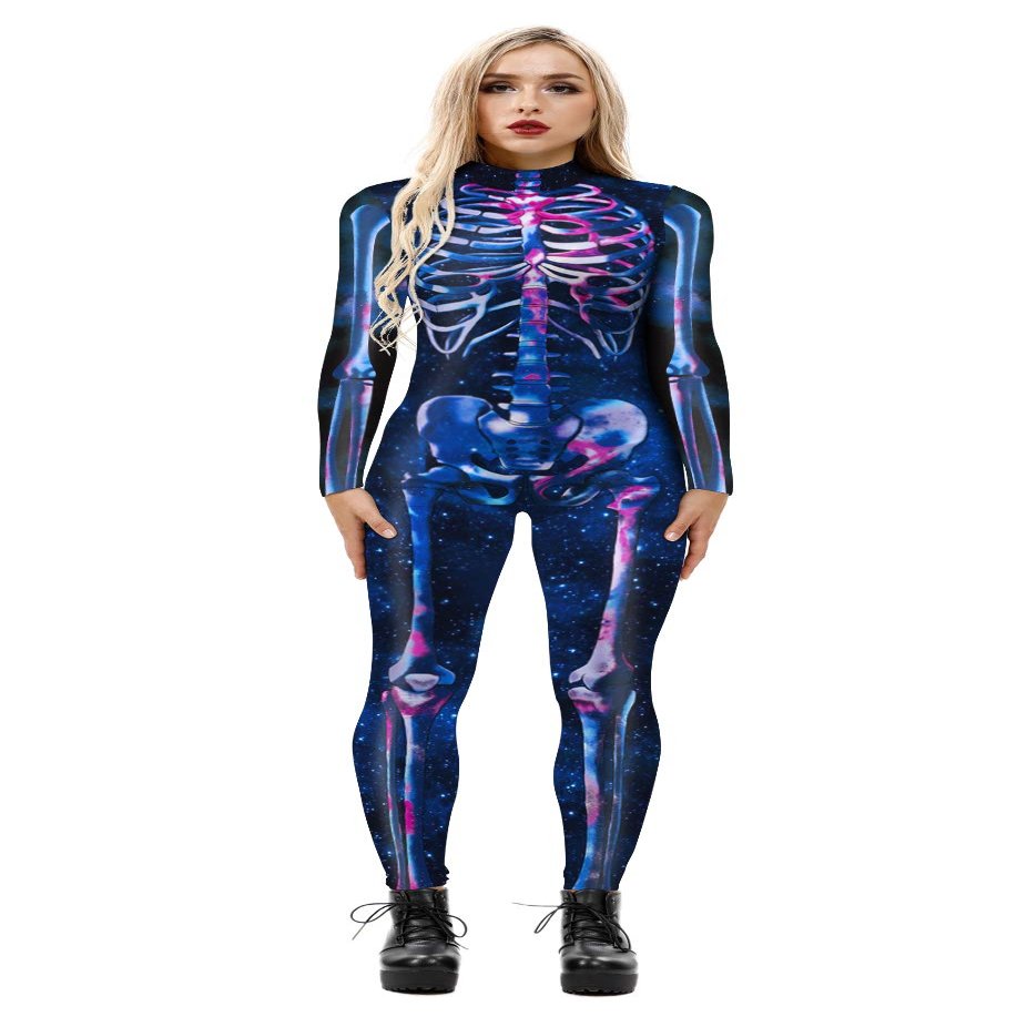 URVIP Women Halloween Skeleton Costume Stretch Skinny Catsuit Jumpsuit Bodysuit BAX-112 L