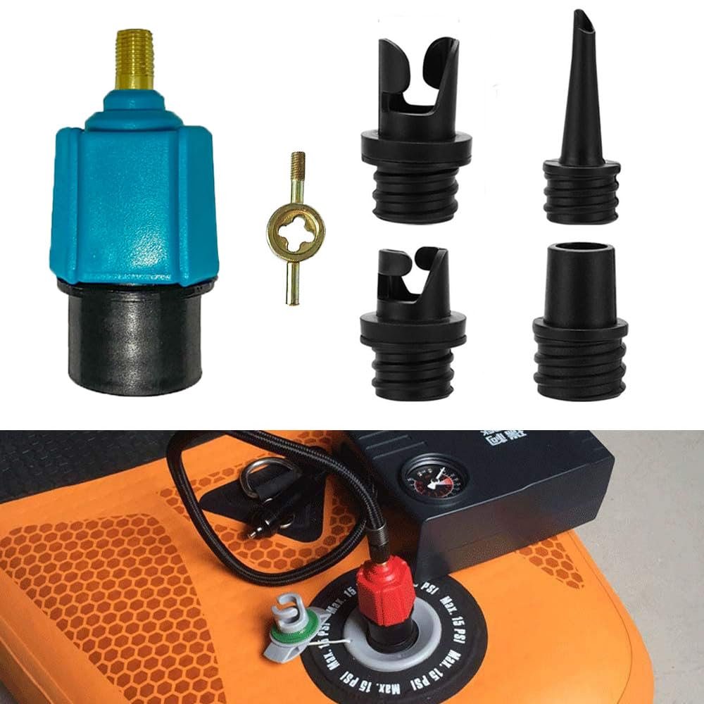 PeSandy SUP Pump Adaptor Air Valve Converter, 7MM Inlet Opening Air Pump Converter with 4 Standard Air Valve Nozzles for Inflatable Boat, Stand Up Paddle Board, Inflatable Bed, Etc - Blue