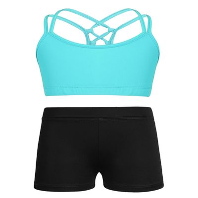 CHICTRY Kids' Girls' 2 Piece Activewear Set Strappy Sport Bra and Booty Short for Dancing Tumbling Athletic Gymnastics Strappy Mint Green 5-6 Years
