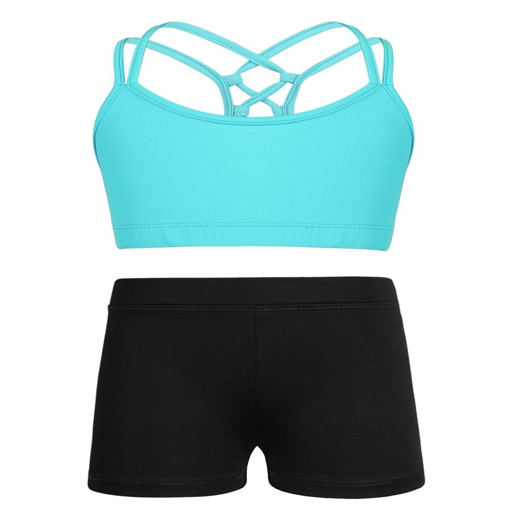 CHICTRY Kids' Girls' 2 Piece Activewear Set Strappy Sport Bra and Booty Short for Dancing Tumbling Athletic Gymnastics Strappy Mint Green 5-6 Years