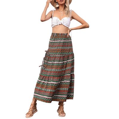 N /A Women Boho Floral Print High Elastic Waist Pleated A Line Long Summer Maxi Skirt Black