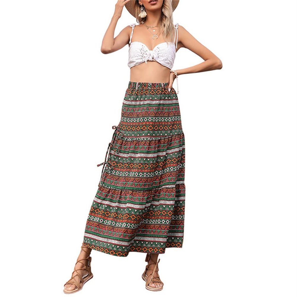 N /A Women Boho Floral Print High Elastic Waist Pleated A Line Long Summer Maxi Skirt Black