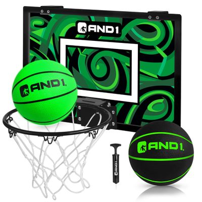 AND1 Over the Door Mini Basketball Hoop, 18x12 Shatterproof Graffiti Backboard, 9" Spring-Loaded Steel Rim, Foam-Padded Door Protection, 2 Mini Basketballs & Pump, No Tools Required