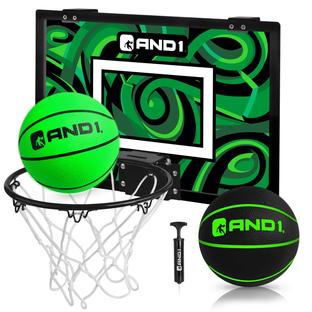 AND1 Over the Door Mini Basketball Hoop, 18x12 Shatterproof Graffiti Backboard, 9" Spring-Loaded Steel Rim, Foam-Padded Door Protection, 2 Mini Basketballs & Pump, No Tools Required