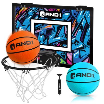 AND1 Mini Basketball Hoop: 18x12 Pre-Assembled Portable Over The Door with Flex Rim, Includes Two Deflated 5 Mini Basketball with Pump, for Indoor, Orange/Light Blue