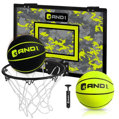 AND1 Over The Door Mini Hoop: - 18x12 Pre-Assembled Portable Basketball Hoop with Flex Rim, Includes Two Deflated 5 Mini Basketball Volt/Black (5A1GT0110F0E2)