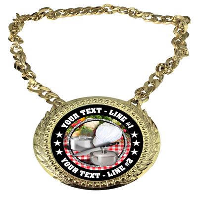 Express Medals Custom Cooking Chef Champ Chain Trophy with 2 Lines of Personalized Text on a Large Rigid Plastic Award Medal and 34 Inch Long Gold Color Neck Chain. FCL453