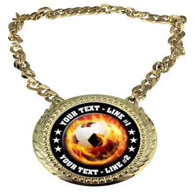 Express Medals Custom Flame Soccer Champ Chain Trophy with 2 Lines of Personalized Text on a Large Rigid Plastic Award Medal and 34 Inch Long Gold Color Neck Chain. EMFCL809