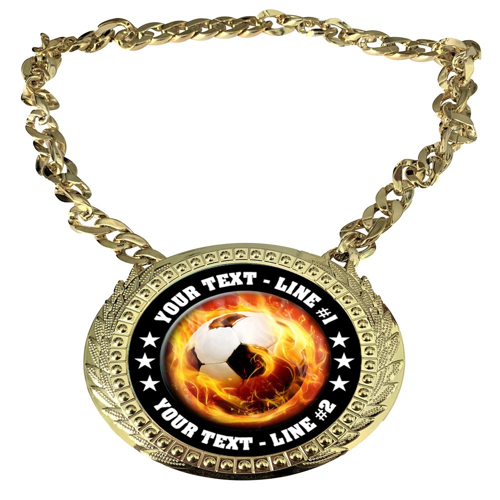 Express Medals Custom Flame Soccer Champ Chain Trophy with 2 Lines of Personalized Text on a Large Rigid Plastic Award Medal and 34 Inch Long Gold Color Neck Chain. EMFCL809