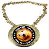 Express Medals Custom Flame Soccer Champ Chain Trophy with 2 Lines of Personalized Text on a Large Rigid Plastic Award Medal and 34 Inch Long Gold Color Neck Chain. EMFCL809 view 1