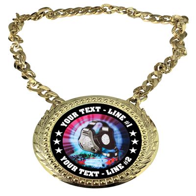 Express Medals Custom Wrestling Wrestler Champ Chain Trophy with 2 Lines of Personalized Text on a Large Rigid Plastic Award Medal and 34 Inch Long Gold Color Neck Chain. MY453