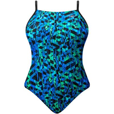 The Finals Women's Swanback Athletic One Piece Swimsuit, Blue/Green/Omega, 26