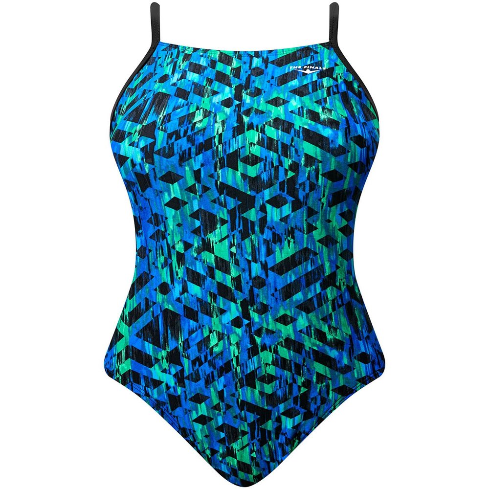 The Finals Women's Swanback Athletic One Piece Swimsuit, Blue/Green/Omega, 26