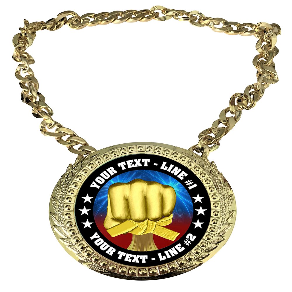 Express Medals Custom Martial Arts Champ Chain Trophy with 2 Lines of Personalized Text on a Large Rigid Plastic Award Medal and 34 Inch Long Gold Color Neck Chain. D25
