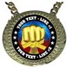 Express Medals Custom Martial Arts Champ Chain Trophy with 2 Lines of Personalized Text on a Large Rigid Plastic Award Medal and 34 Inch Long Gold Color Neck Chain. D25 view 2