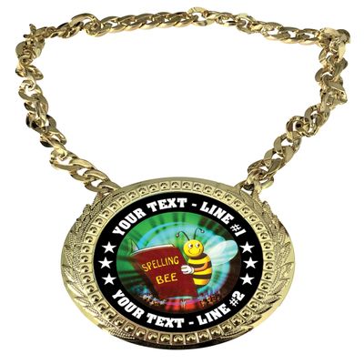 Express Medals Custom Spelling Bee Champ Chain Trophy with 2 Lines of Personalized Text on a Large Rigid Plastic Award Medal and 34 Inch Long Gold Color Neck Chain. MY447