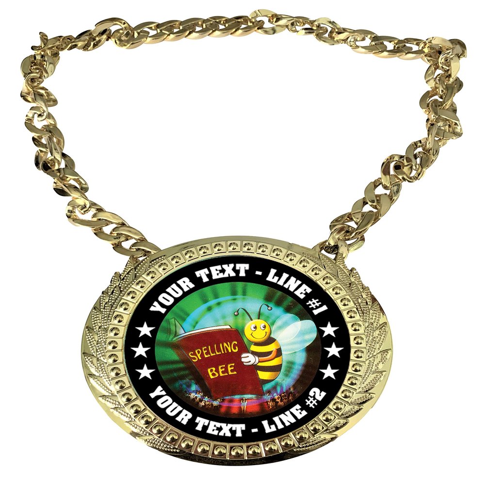 Express Medals Custom Spelling Bee Champ Chain Trophy with 2 Lines of Personalized Text on a Large Rigid Plastic Award Medal and 34 Inch Long Gold Color Neck Chain. MY447