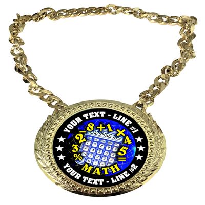 Express Medals Custom Math Mathematics Champ Chain Trophy with 2 Lines of Personalized Text on a Large Rigid Plastic Award Medal and 34 Inch Long Gold Color Neck Chain. FCL510