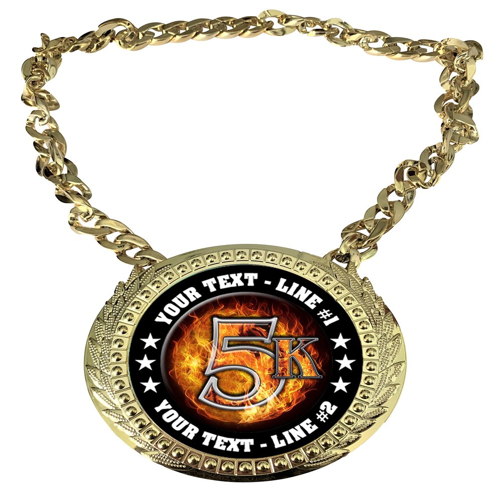 Express Medals Custom 5K Run Race Walk Champ Chain Trophy with 2 Lines of Personalized Text on a Large Rigid Plastic Award Medal and 34 Inch Long Gold Color Neck Chain. EMFCL815