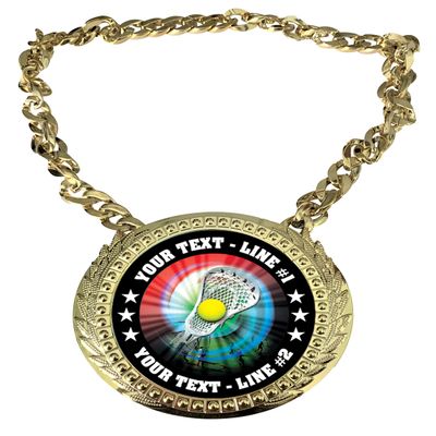 Express Medals Custom Lacrosse Champ Chain Trophy with 2 Lines of Personalized Text on a Large Rigid Plastic Award Medal and 34 Inch Long Gold Color Neck Chain. MY431 - (Pack of 1)