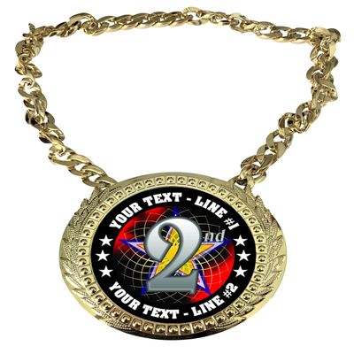 Express Medals Custom Second Place 2nd Runnerup Champ Chain Trophy with 2 Lines of Personalized Text on a Large Rigid Plastic Award Medal and 34 Inch Long Gold Color Neck Chain. FCL582