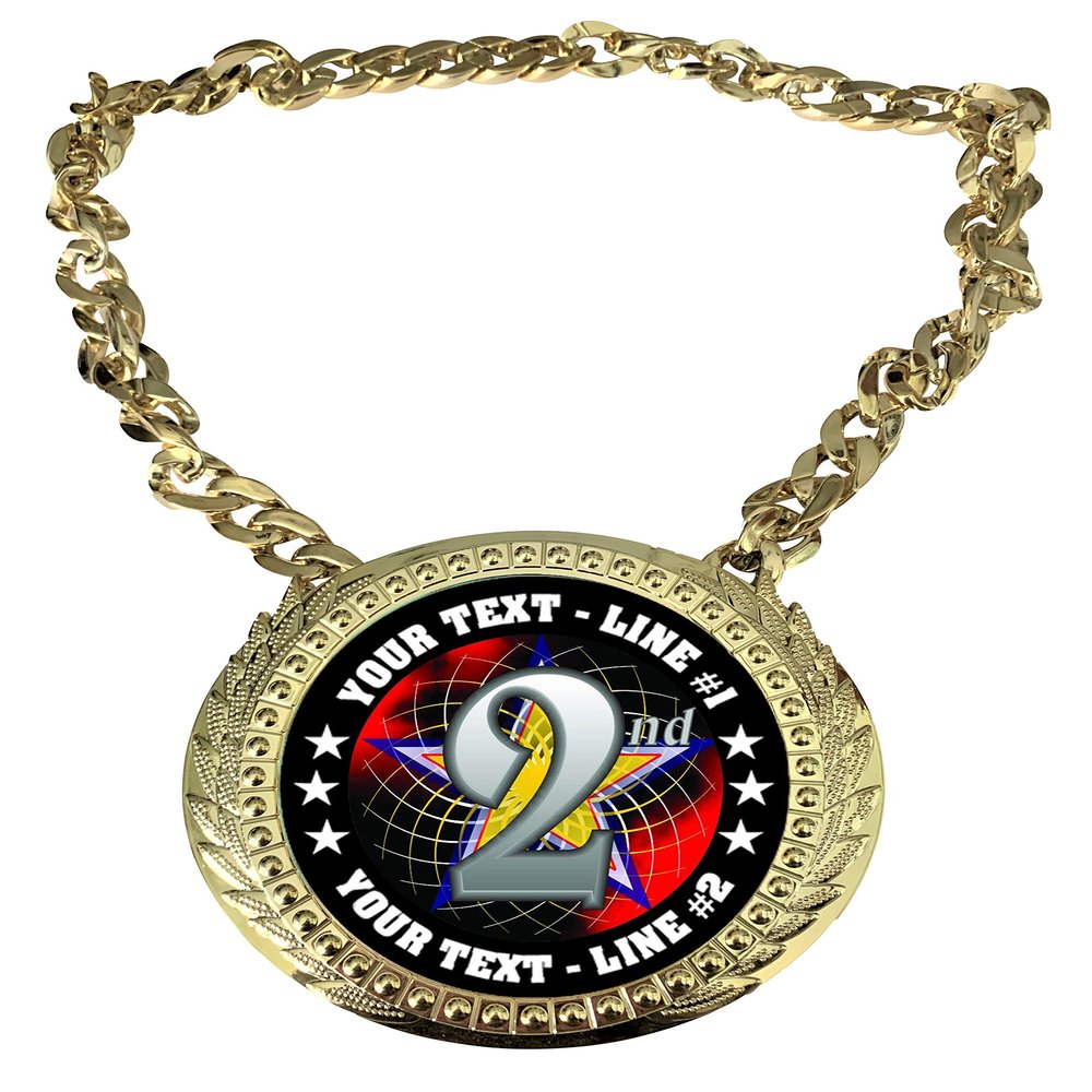 Express Medals Custom Second Place 2nd Runnerup Champ Chain Trophy with 2 Lines of Personalized Text on a Large Rigid Plastic Award Medal and 34 Inch Long Gold Color Neck Chain. FCL582