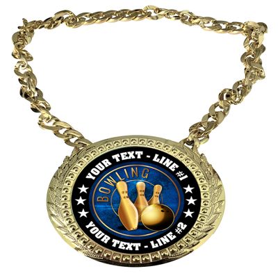 Express Medals Custom Bowling Champ Chain Trophy with 2 Lines of Personalized Text on a Large Rigid Plastic Award Medal and 34 Inch Long Gold Color Neck Chain. EG14