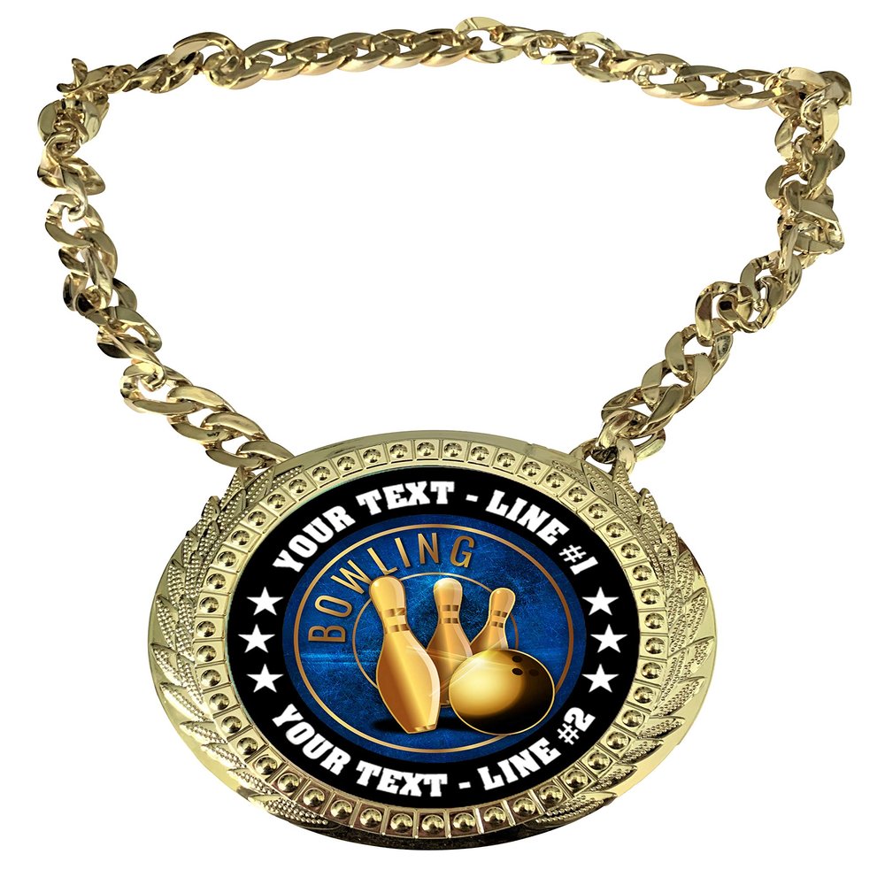 Express Medals Custom Bowling Champ Chain Trophy with 2 Lines of Personalized Text on a Large Rigid Plastic Award Medal and 34 Inch Long Gold Color Neck Chain. EG14