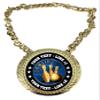 Express Medals Custom Bowling Champ Chain Trophy with 2 Lines of Personalized Text on a Large Rigid Plastic Award Medal and 34 Inch Long Gold Color Neck Chain. EG14 view 1