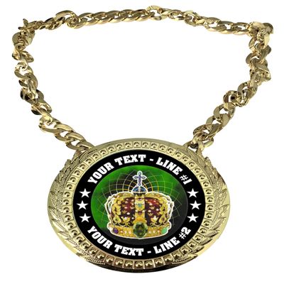 Express Medals Custom Prom King Champ Chain Trophy with 2 Lines of Personalized Text on a Large Rigid Plastic Award Medal and 34 Inch Long Gold Color Neck Chain. FCL501