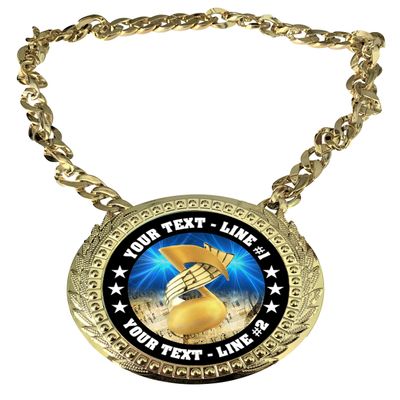 Express Medals Custom Music Champ Chain Trophy with 2 Lines of Personalized Text on a Large Rigid Plastic Award Medal and 34 Inch Long Gold Color Neck Chain. D55