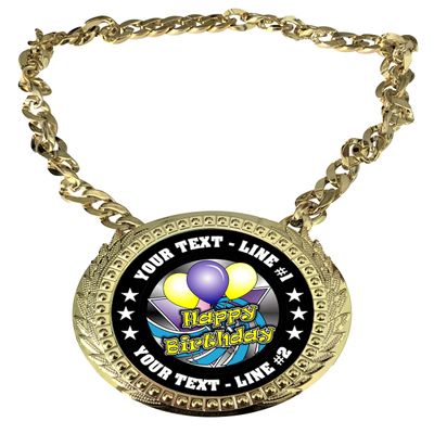 Express Medals Custom Happy Birthday Champ Chain Trophy with 2 Lines of Personalized Text on a Large Rigid Plastic Award Medal and 34 Inch Long Gold Color Neck Chain. FCL489