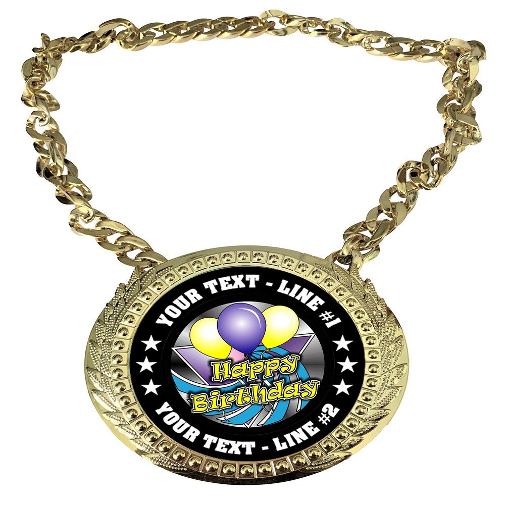 Express Medals Custom Happy Birthday Champ Chain Trophy with 2 Lines of Personalized Text on a Large Rigid Plastic Award Medal and 34 Inch Long Gold Color Neck Chain. FCL489