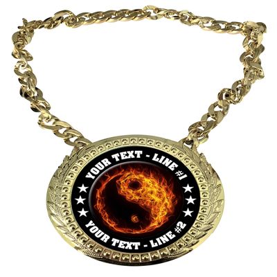 Express Medals Custom Flame Martial Arts Champ Chain Trophy with 2 Lines of Personalized Text on a Large Rigid Plastic Award Medal and 34 Inch Long Gold Color Neck Chain. EMFCL807