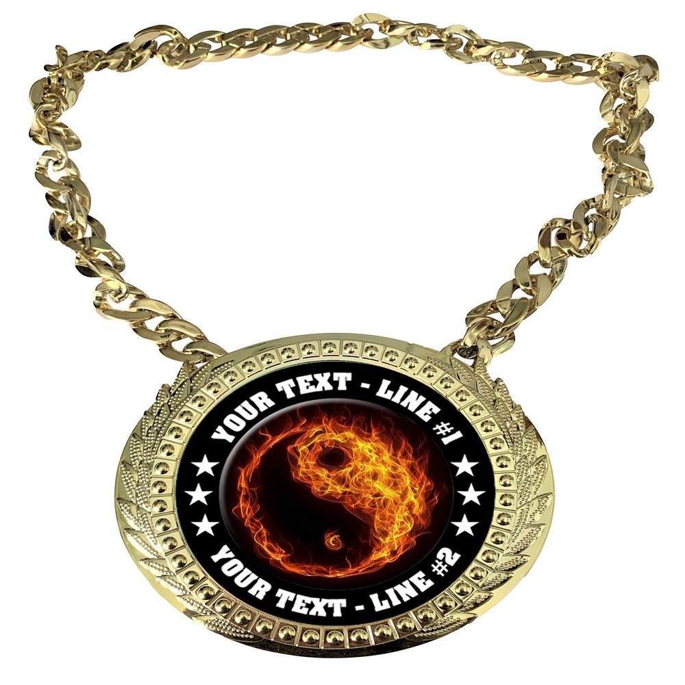 Express Medals Custom Flame Martial Arts Champ Chain Trophy with 2 Lines of Personalized Text on a Large Rigid Plastic Award Medal and 34 Inch Long Gold Color Neck Chain. EMFCL807