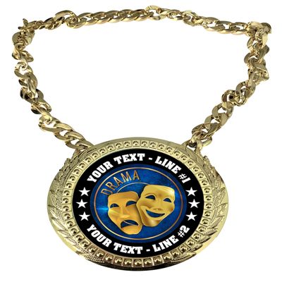Express Medals Custom Drama Acting Champ Chain Trophy with 2 Lines of Personalized Text on a Large Rigid Plastic Award Medal and 34 Inch Long Gold Color Neck Chain. EG22