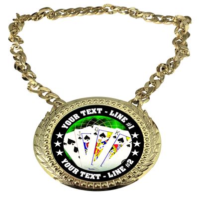 Express Medals Custom Poker Holdem Stud Champ Chain Trophy with 2 Lines of Personalized Text on a Large Rigid Plastic Award Medal and 34 Inch Long Gold Color Neck Chain. FCL432