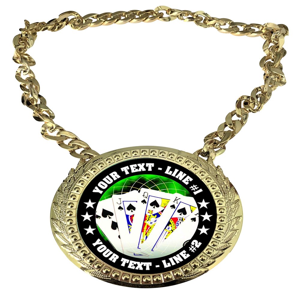 Express Medals Custom Poker Holdem Stud Champ Chain Trophy with 2 Lines of Personalized Text on a Large Rigid Plastic Award Medal and 34 Inch Long Gold Color Neck Chain. FCL432