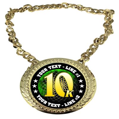 Express Medals Custom 10K Run Race Walk Champ Chain Trophy with 2 Lines of Personalized Text on a Large Rigid Plastic Award Medal and 34 Inch Long Gold Color Neck Chain. FCL579