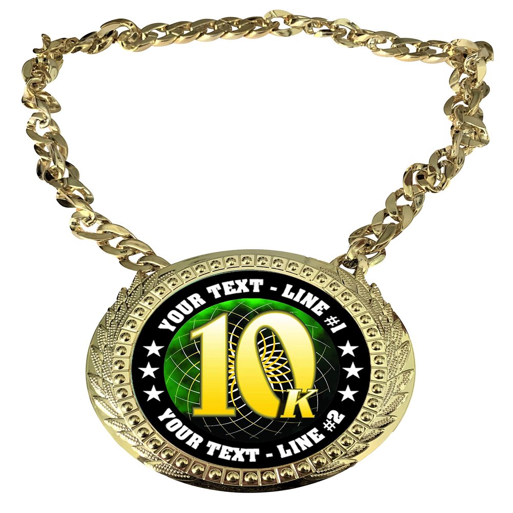 Express Medals Custom 10K Run Race Walk Champ Chain Trophy with 2 Lines of Personalized Text on a Large Rigid Plastic Award Medal and 34 Inch Long Gold Color Neck Chain. FCL579