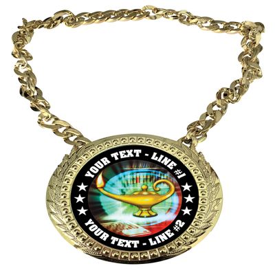 Express Medals Custom Scholastic Lamp Champ Chain Trophy with 2 Lines of Personalized Text on a Large Rigid Plastic Award Medal and 34 Inch Long Gold Color Neck Chain. MY432